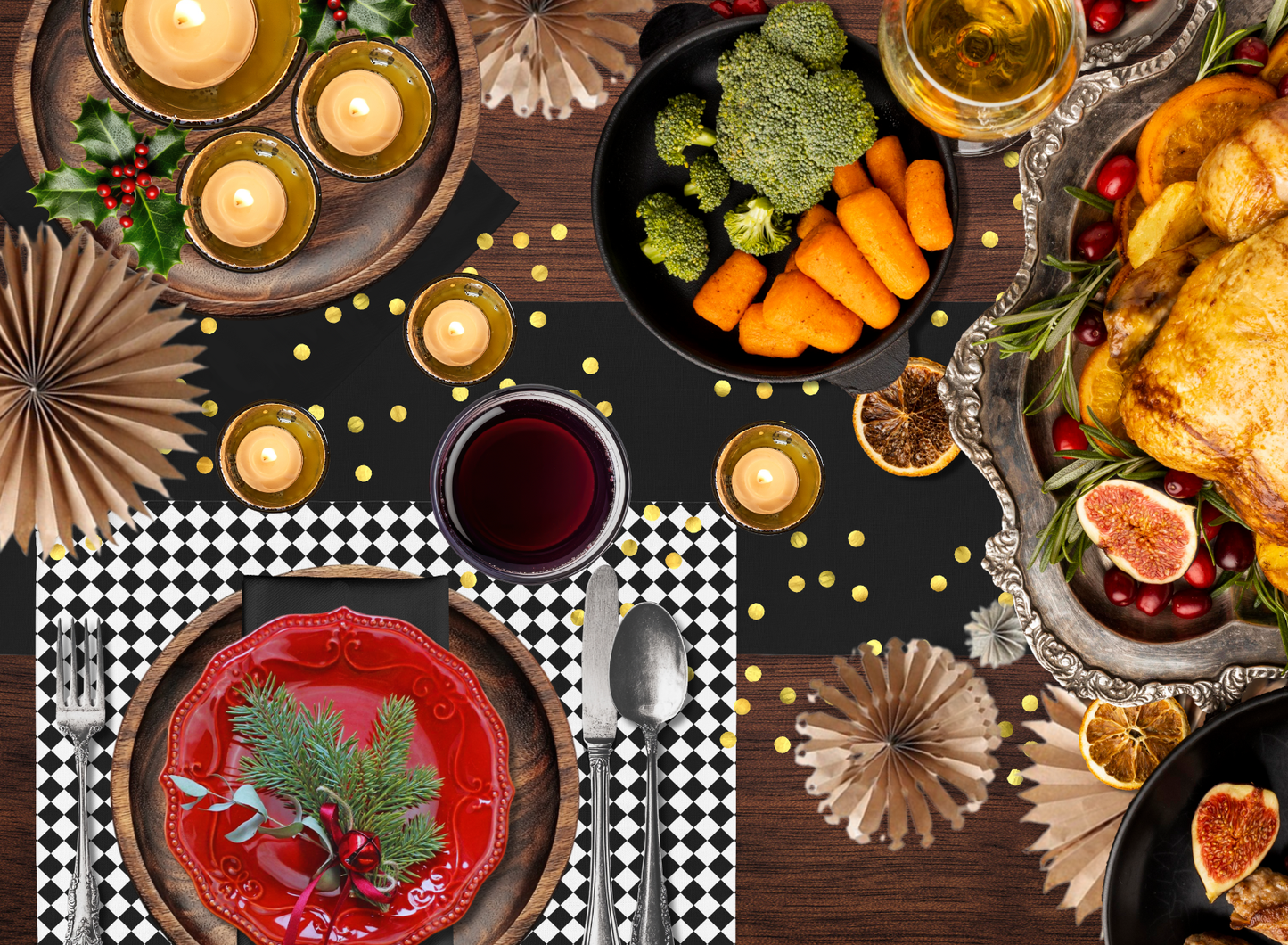 Black & White Argyle Polyester Placemats | Christmas Holiday Table Décor, Elegant Diamond Check Dining Mat Set