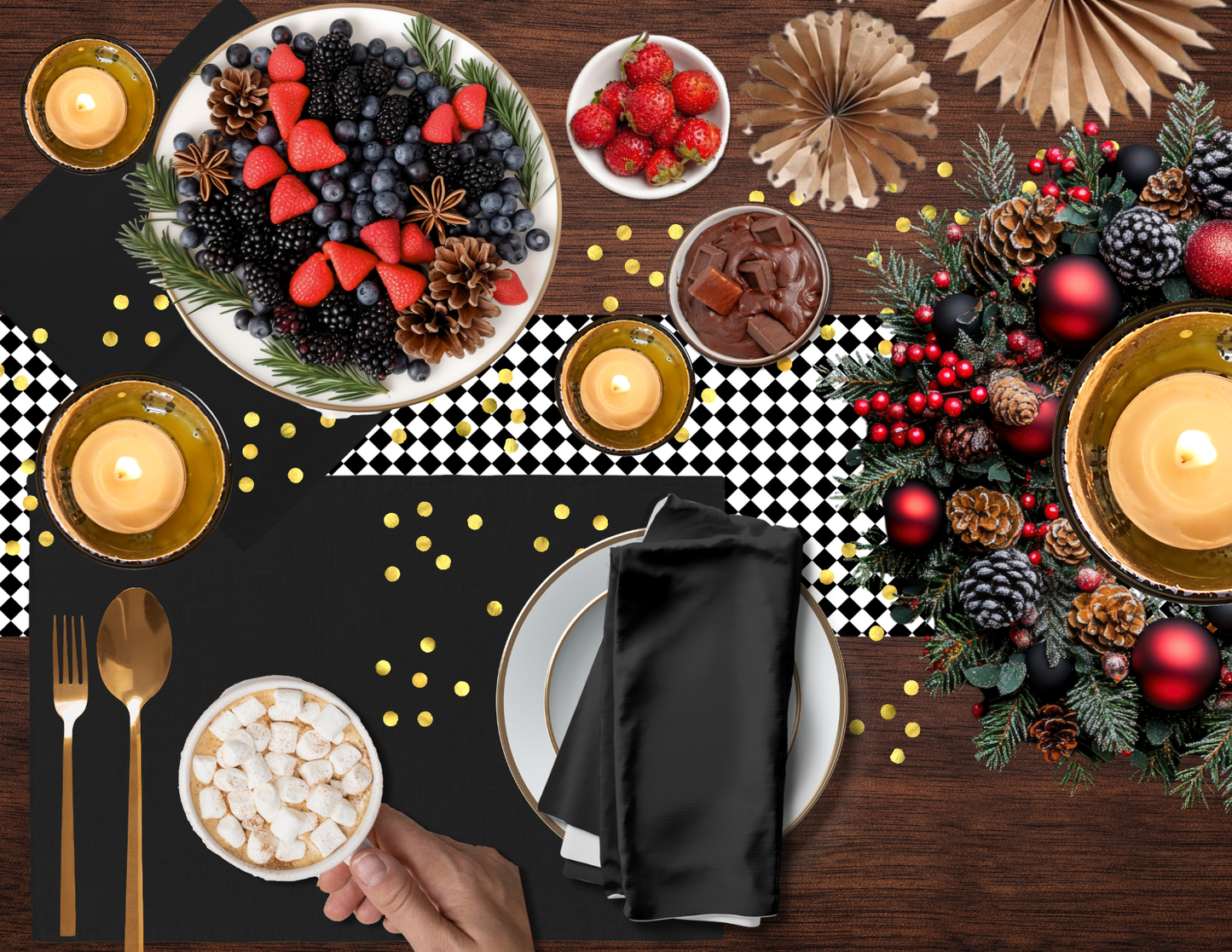 Black & White Argyle Christmas Table Runner | Classic Holiday Farmhouse Dining Room Decor, Modern Checkered Diamond Tabletop Accent