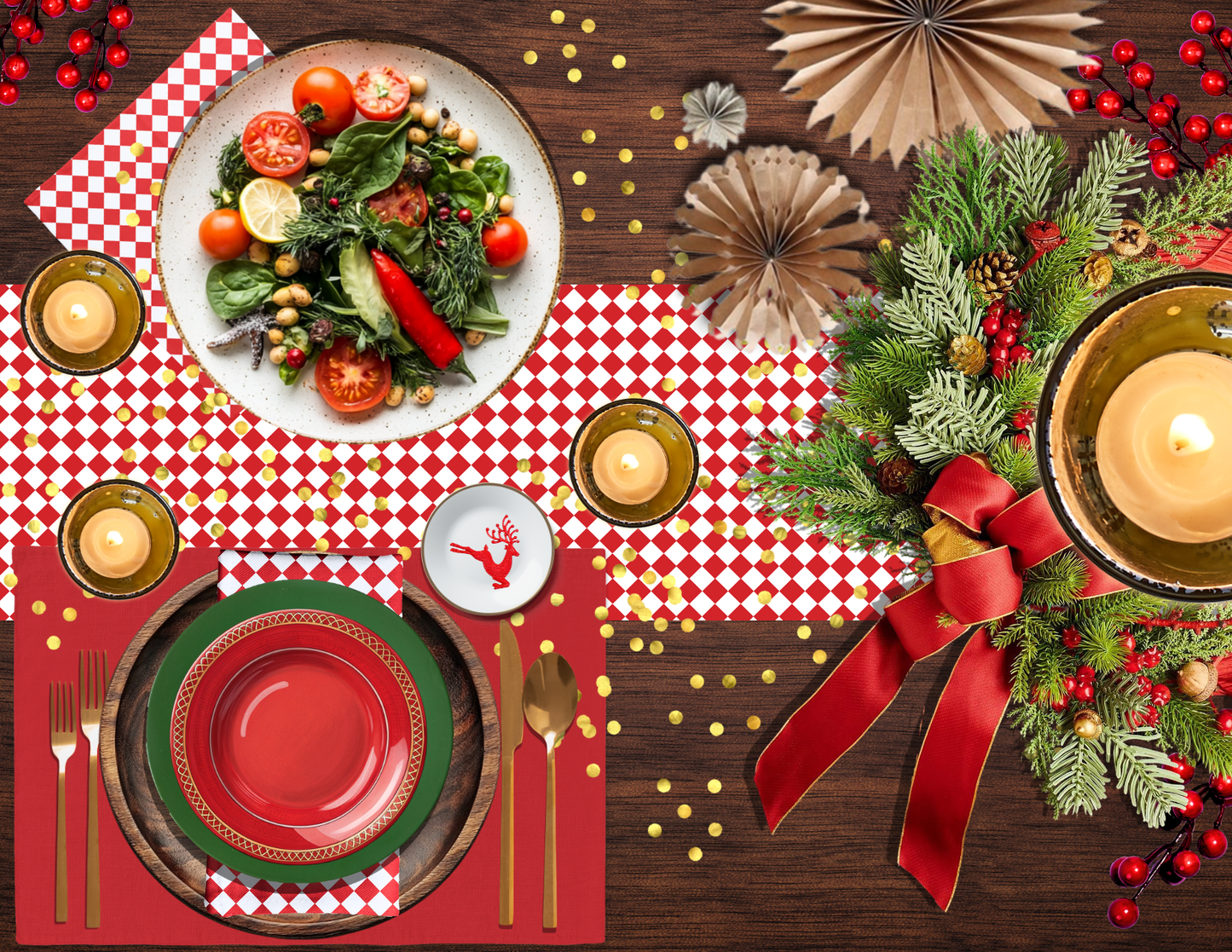 Red & White Argyle Polyester Napkins | Christmas Holiday Cloth Napkin Set, Festive Diamond Check Décor