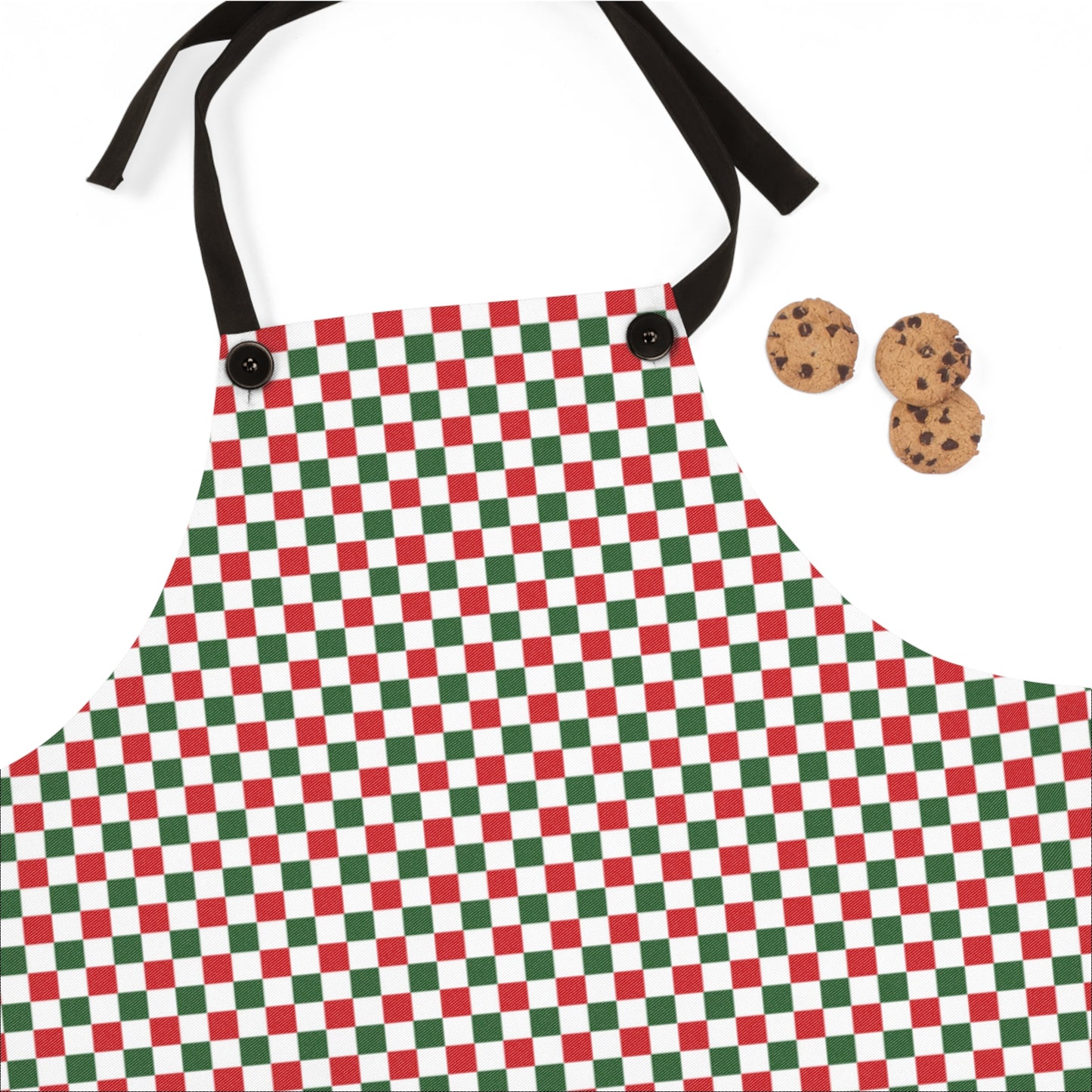Red Green & White Gingham Holiday Apron | Lightweight 100% Polyester Twill, Detachable Black Twill Straps