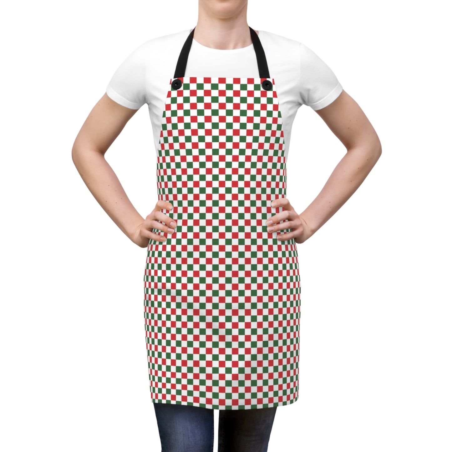Red Green & White Gingham Holiday Apron | Lightweight 100% Polyester Twill, Detachable Black Twill Straps