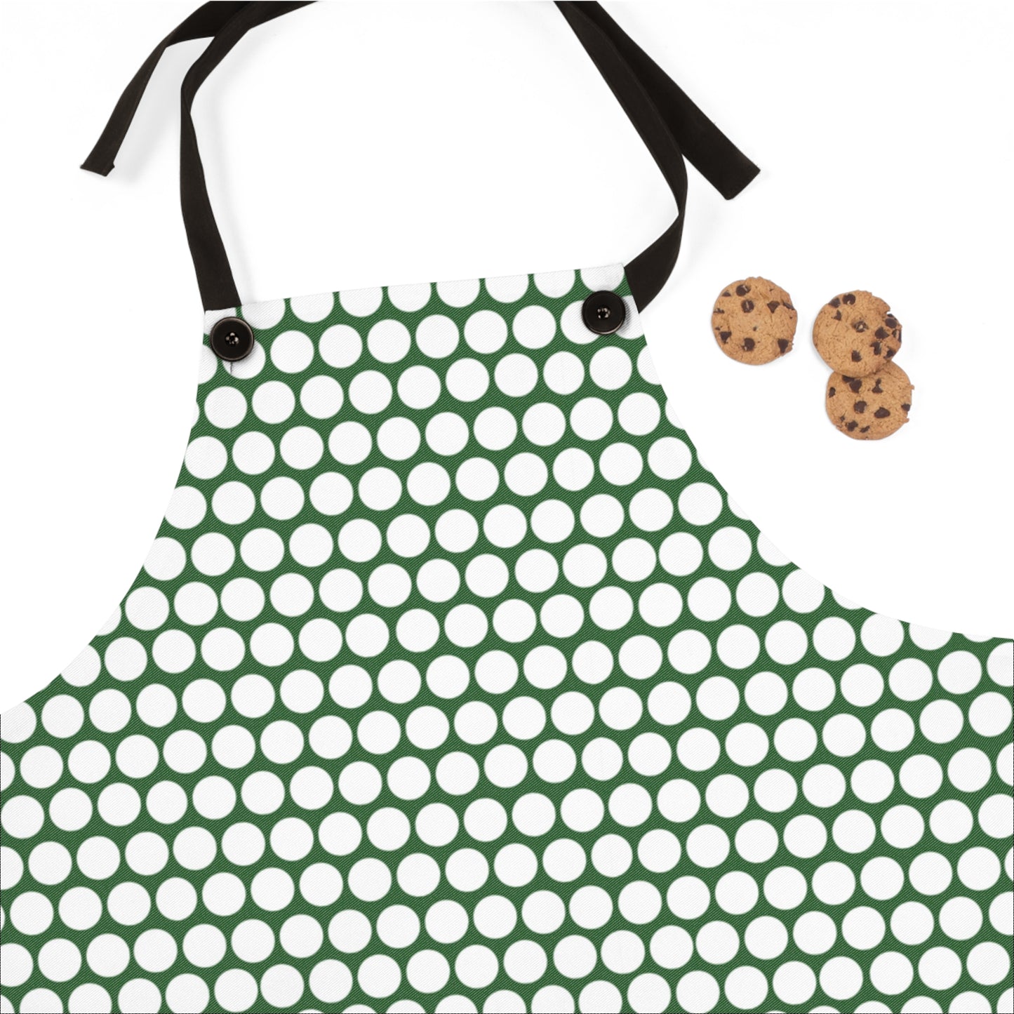 White Polka Dot on Green Holiday Apron | Lightweight 100% Polyester Twill, Detachable Black Twill Straps