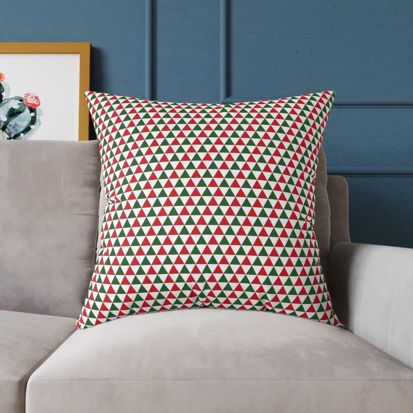 Red & Green Triangle Party Christmas Decorative Pillow | Double‑Sided Poly Canvas Cushion, 5 Sizes, Vibrant Holiday Décor