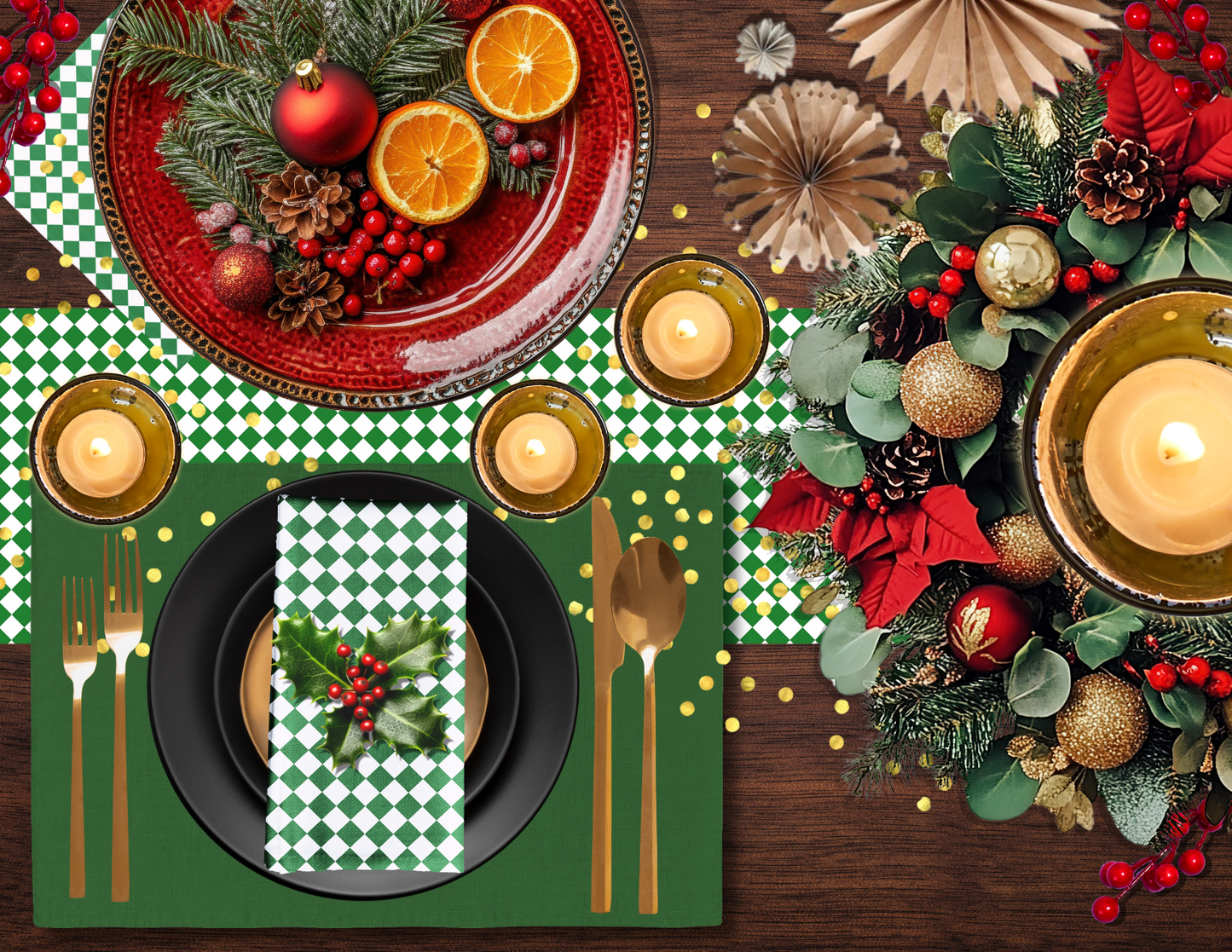 Green & White Argyle Christmas Table Runner | Classic Holiday Farmhouse Dining Room Decor, Festive Diamond Check Table Accent