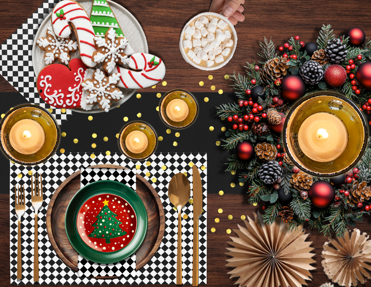 Black & White Argyle Polyester Placemats | Christmas Holiday Table Décor, Elegant Diamond Check Dining Mat Set