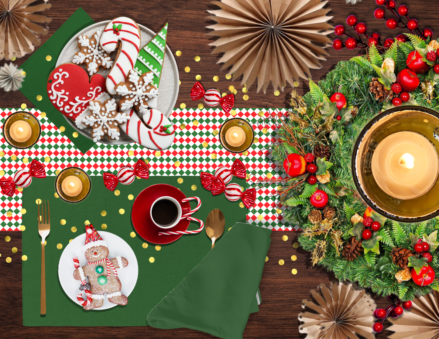 Red Green & White Argyle Christmas Table Runner | Festive Holiday Dining Room Decor, Rustic Diamond Check Accent