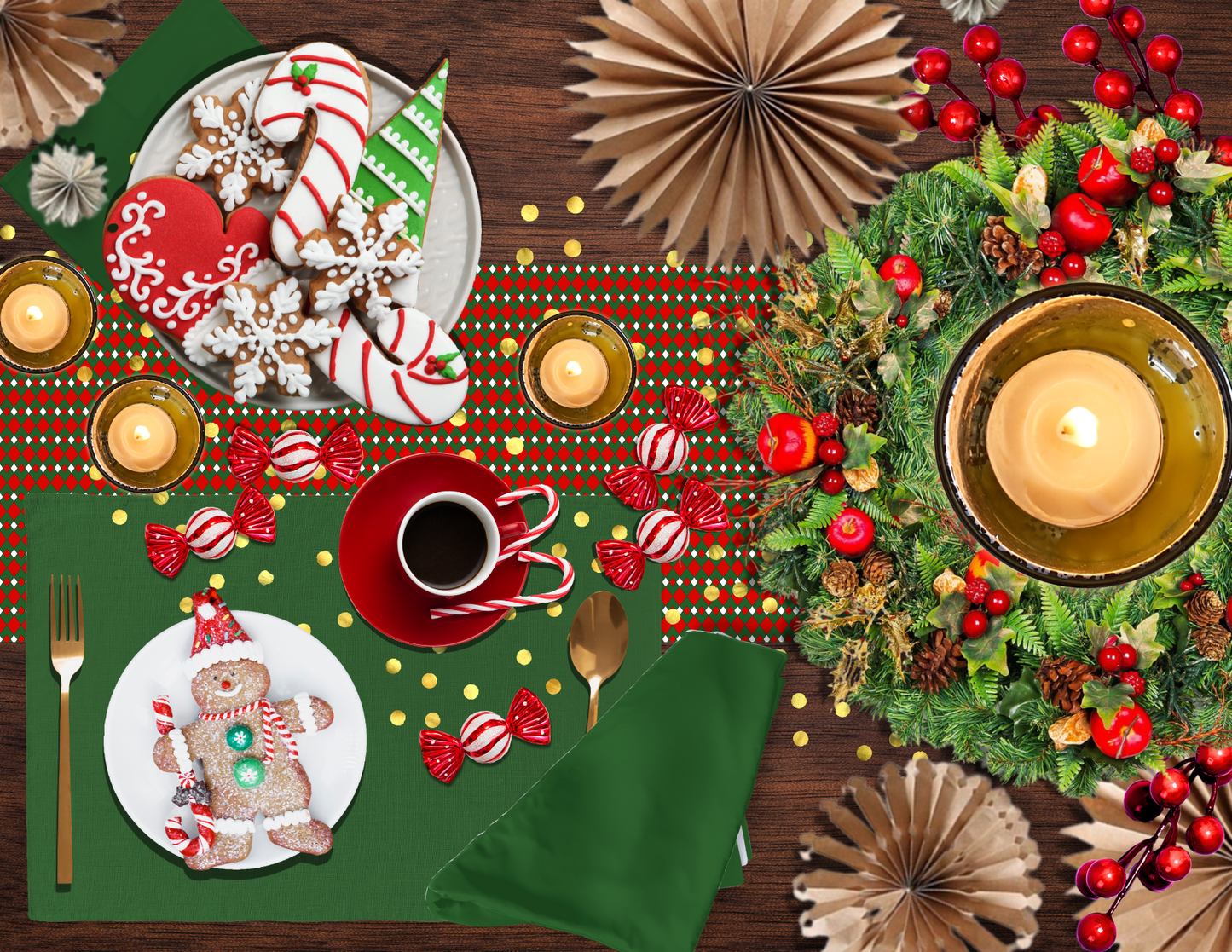 Fancy Red Green & White Argyle Christmas Table Runner | Festive Holiday Dining Décor, Rustic Farmhouse Diamond Check