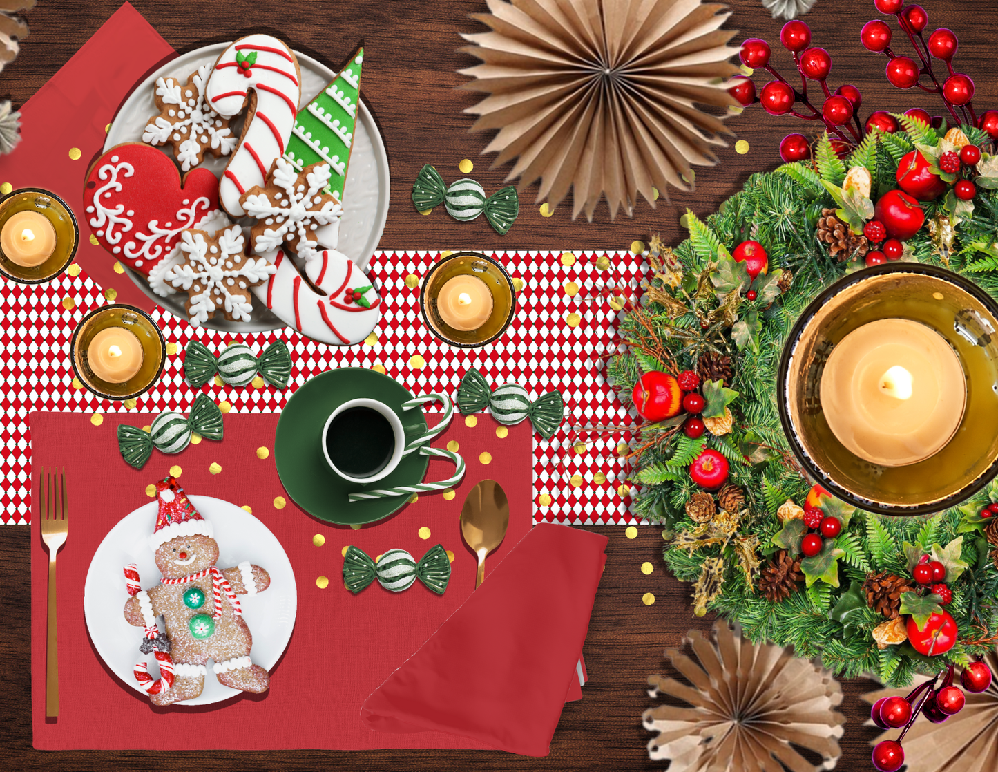 Nutcracker Drummer Red Argyle Christmas Table Runner | Festive Holiday Dining Décor, Classic Red Diamond Check