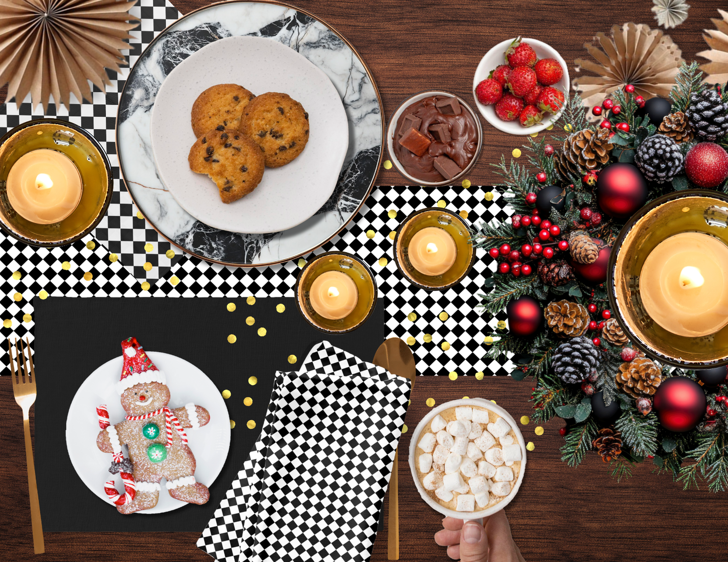 Black Holiday Placemat Set | 4 Washable Placemats, Chic Christmas Dining Table Decor