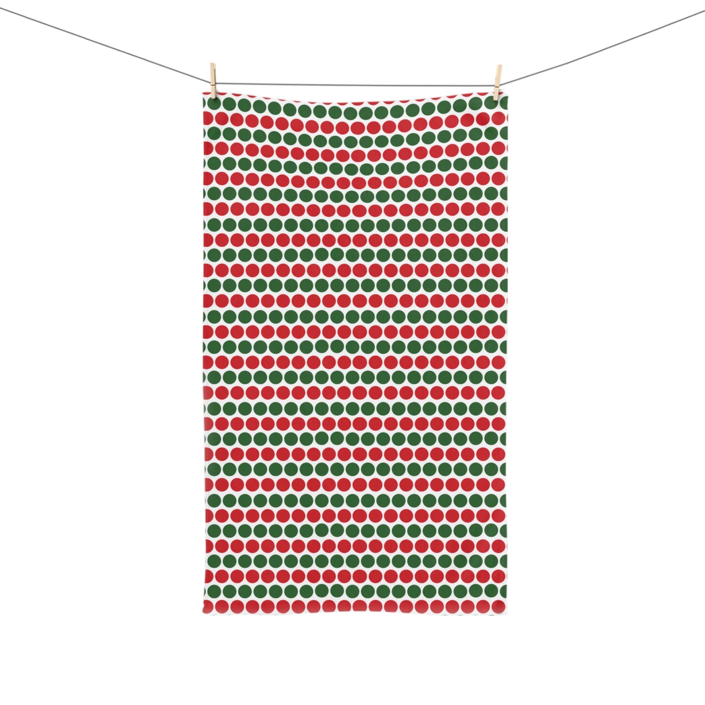 Red & Green Polka Dot Striped Christmas Hand Towel | Soft Cotton Back, Printed Polyester Front, Festive Kitchen, Bath Décor