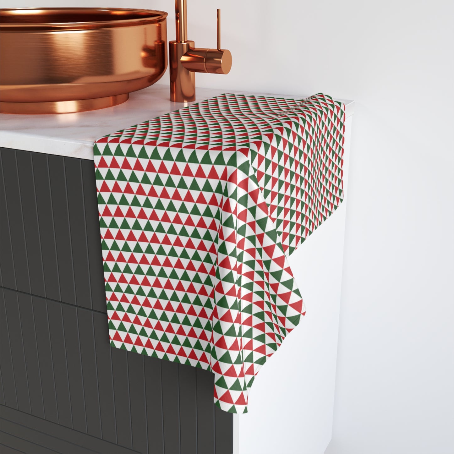 Red & Green Triangle Striped Christmas Hand Towel | Soft Cotton Back, Printed Polyester Front, Festive Kitchen/Bath Décor