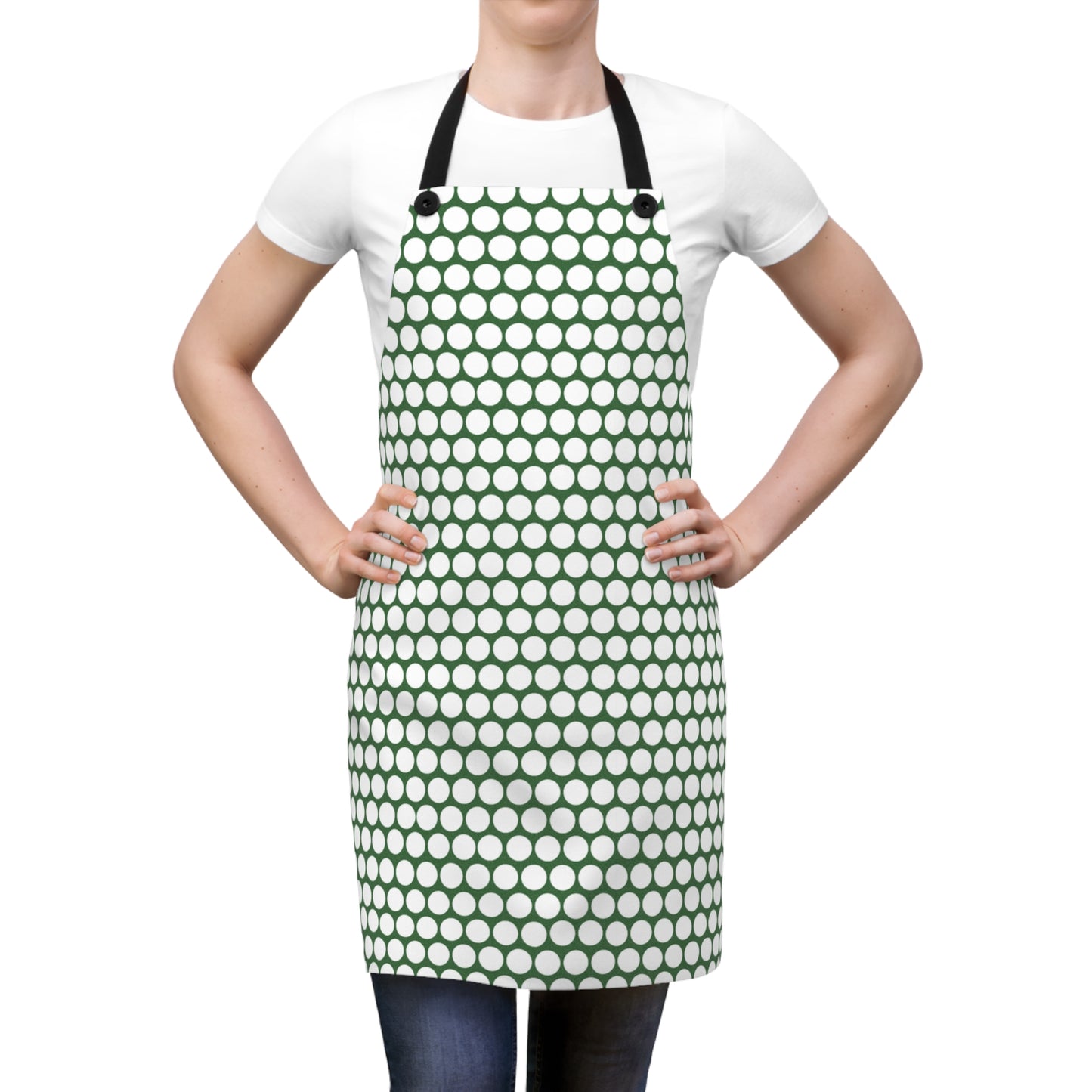 White Polka Dot on Green Holiday Apron | Lightweight 100% Polyester Twill, Detachable Black Twill Straps