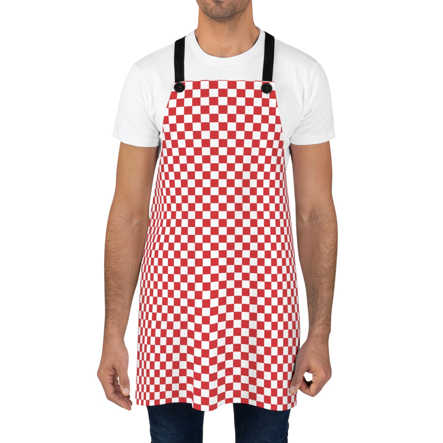 Red & White Check Holiday Apron | Lightweight 100% Polyester Twill, Detachable Black Twill Straps