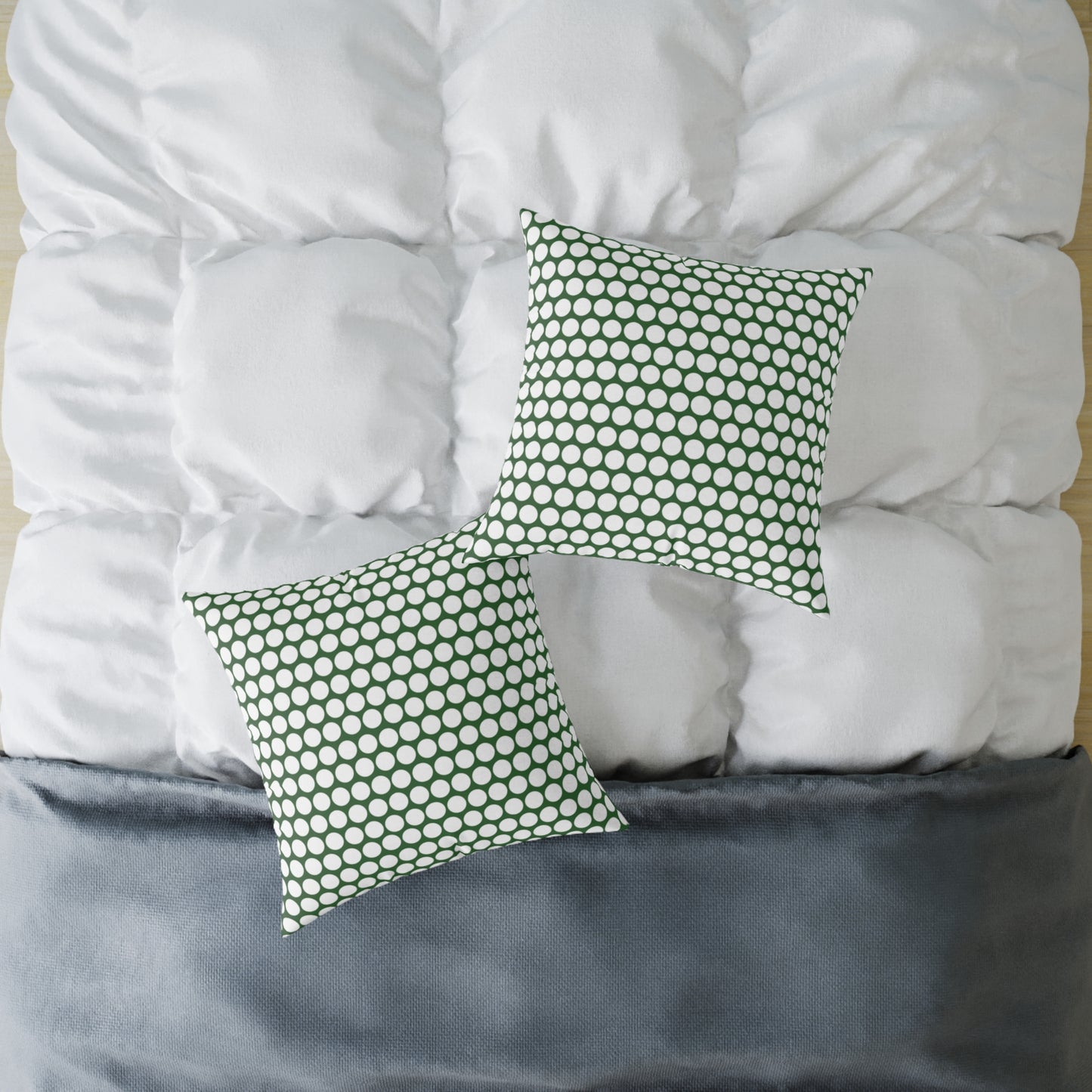 White Polka Dot on Green Christmas Decorative Pillow | Double‑Sided Poly Canvas Cushion, Vibrant Holiday Décor, 5 Sizes