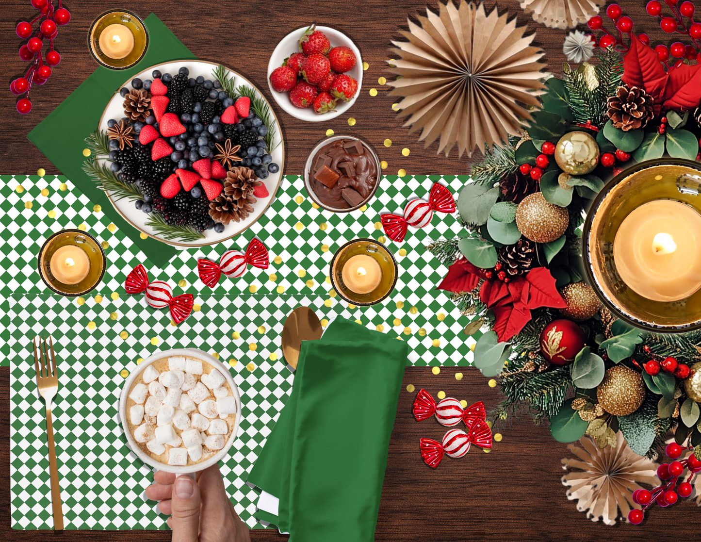 Green Holiday Napkin Set | 4 Washable Cloth Napkins, Festive Christmas Table Decor