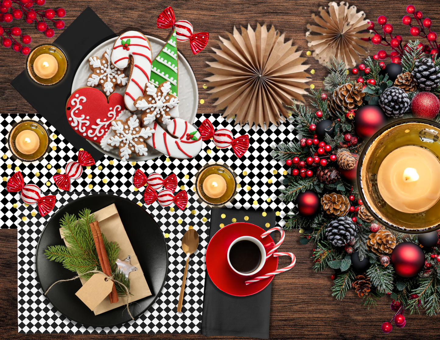 Black & White Argyle Polyester Placemats | Christmas Holiday Table Décor, Elegant Diamond Check Dining Mat Set