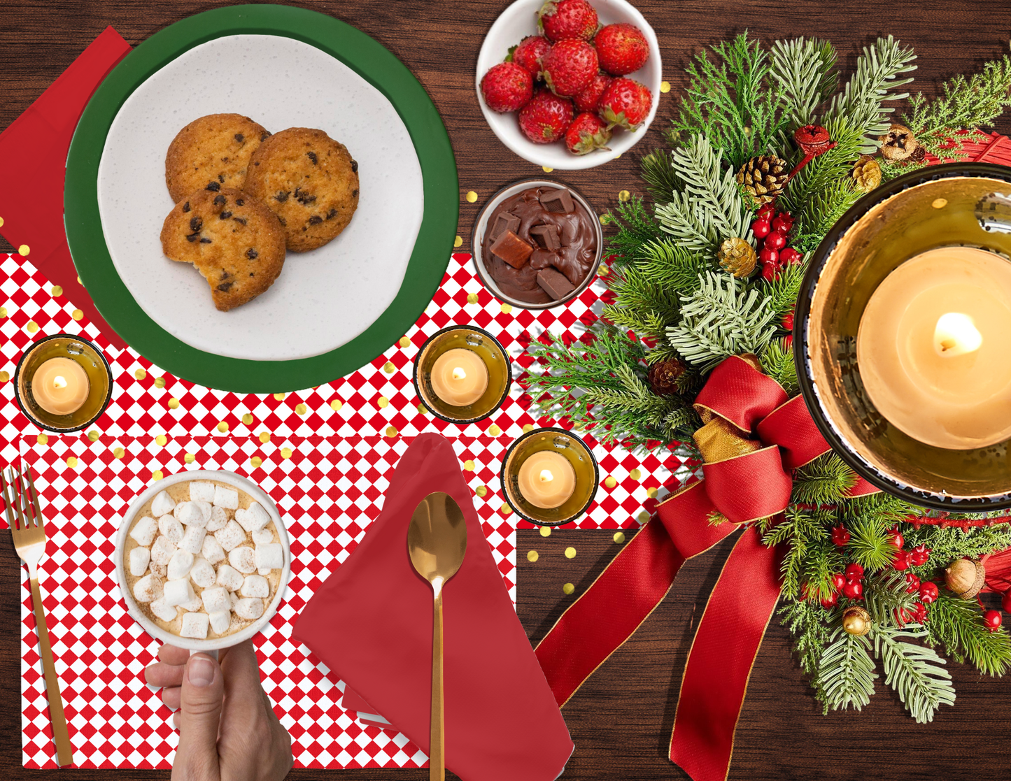 Red & White Argyle Polyester Placemats | Christmas Holiday Cloth Dining Mat Set, Festive Diamond Check Décor