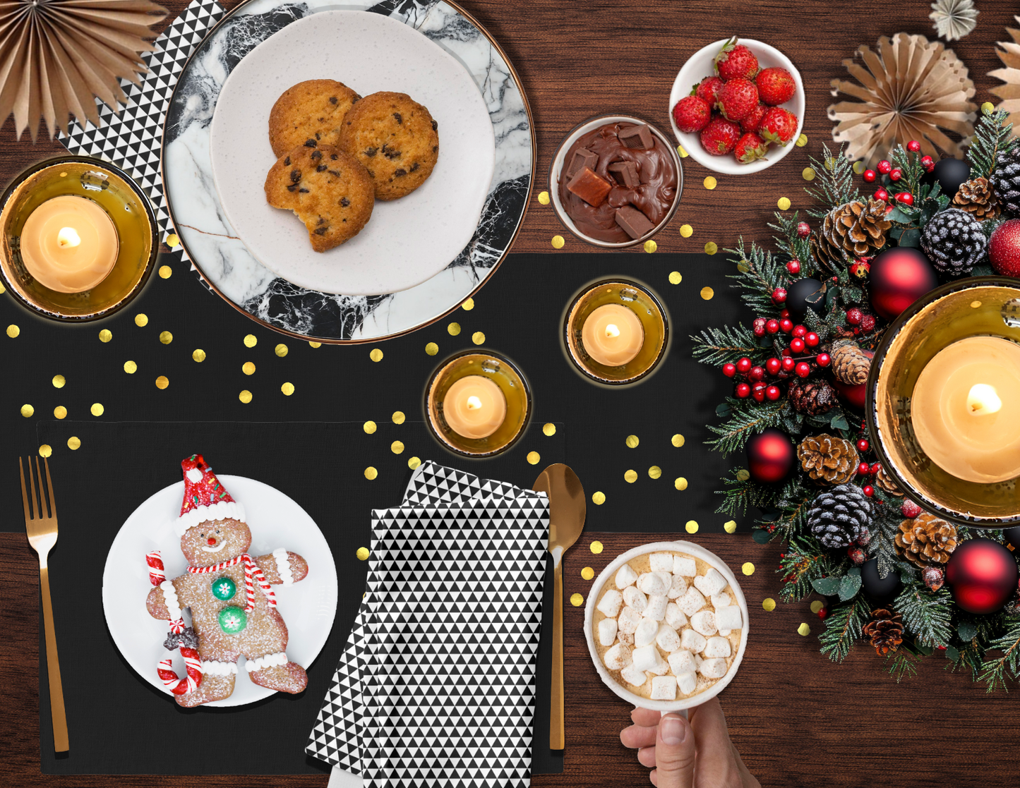 Black Holiday Placemat Set | 4 Washable Placemats, Chic Christmas Dining Table Decor