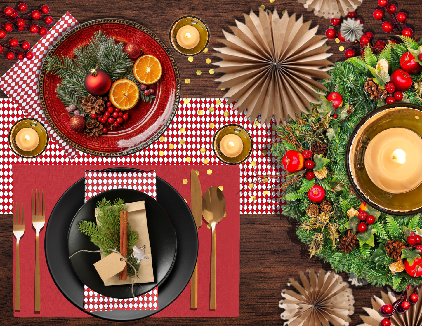 Nutcracker Drummer Red Argyle Christmas Table Runner | Festive Holiday Dining Décor, Classic Red Diamond Check