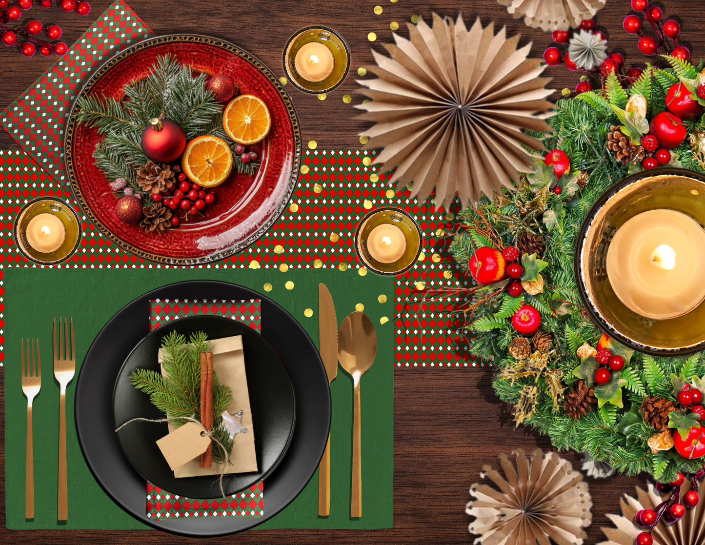 Fancy Red Green & White Argyle Christmas Table Runner | Festive Holiday Dining Décor, Rustic Farmhouse Diamond Check