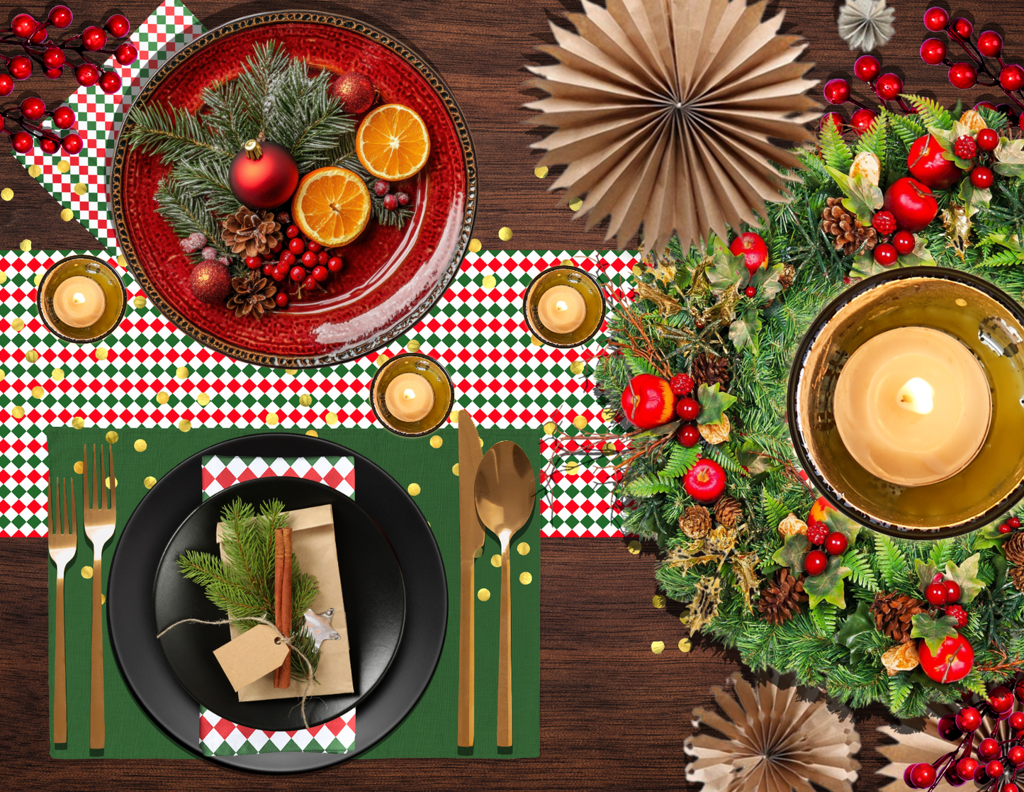 Red Green & White Argyle Christmas Table Runner | Festive Holiday Dining Room Decor, Rustic Diamond Check Accent