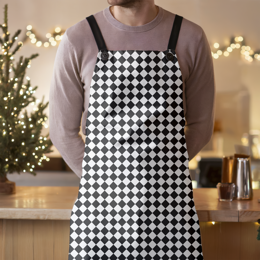 Black & White Argyle Holiday Apron | Lightweight 100% Polyester Twill, Detachable Black Twill Straps