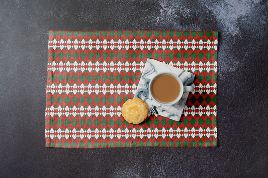 Extra Red Green & White Argyle Polyester Placemats | Christmas Holiday Cloth Dining Mat Set, Bold Festive Décor