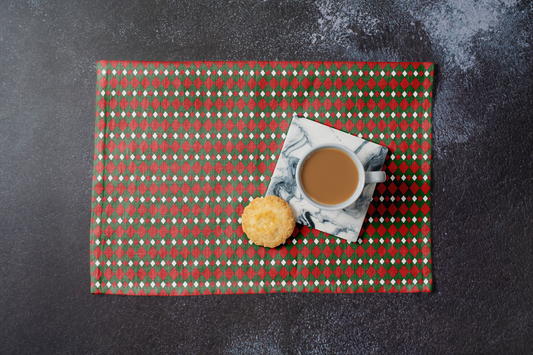 Fancy Red Green & White Argyle Polyester Placemats | Christmas Holiday Dining Décor, Festive Farmhouse Diamond Mat Set