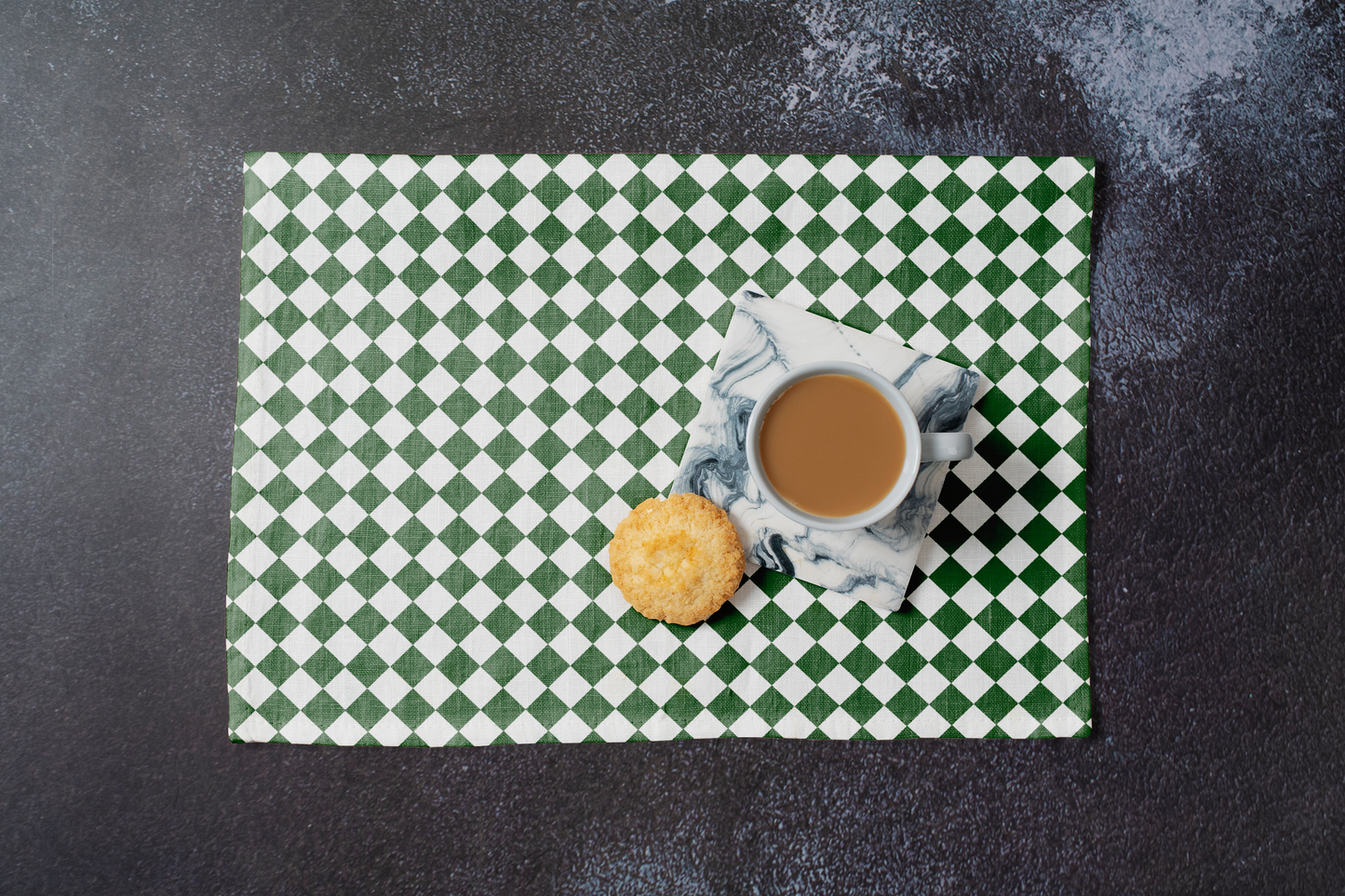 Green & White Argyle Polyester Placemats | Christmas Holiday Dining Décor, Festive Farmhouse Diamond Check Mat Set