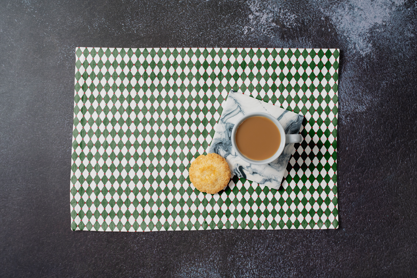 Nutcracker Drummer Green Argyle Polyester Placemats | Christmas Holiday Cloth Dining Mat Set, Festive Diamond Décor