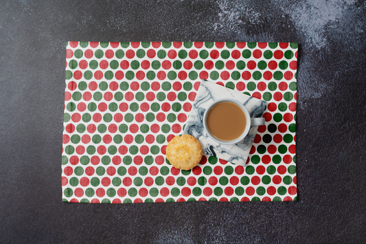 Red & Green Polka Dot Party Polyester Placemats | Christmas Holiday Dining Décor, Festive Scattered Washable Mat Set