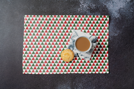 Red & Green Triangle Polyester Placemats | Christmas Holiday Dining Décor, Bold Festive Geometric Washable Mat Set