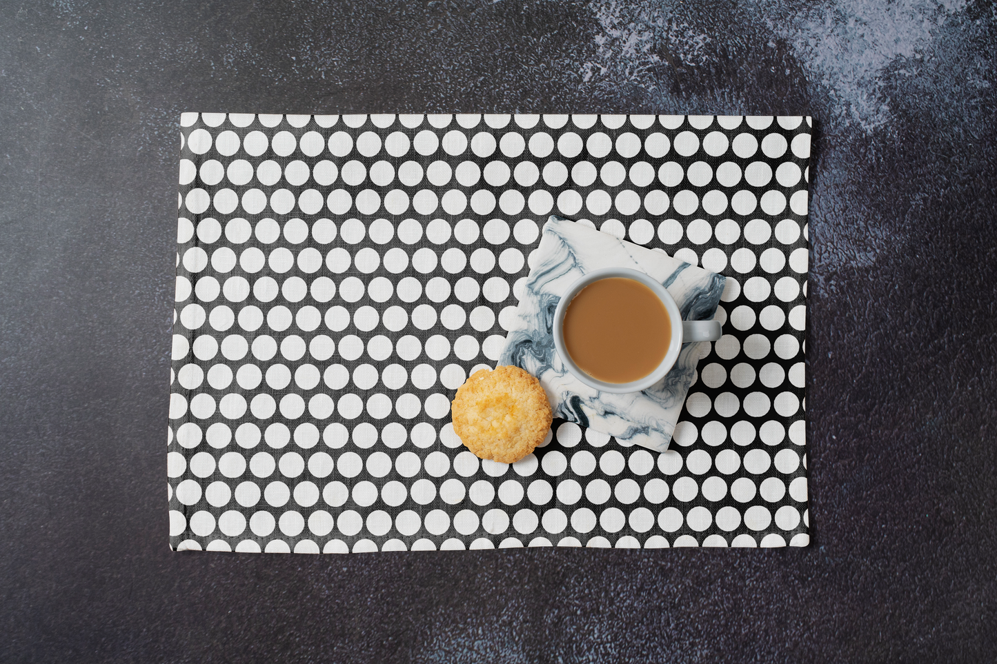 White Polka Dot on Black Polyester Placemats | Christmas Holiday Dining Décor, Bold Festive Washable Table Mat Set