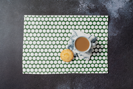White Polka Dot on Green Polyester Placemats | Christmas Holiday Dining Décor, Festive Rustic Washable Table Mat Set