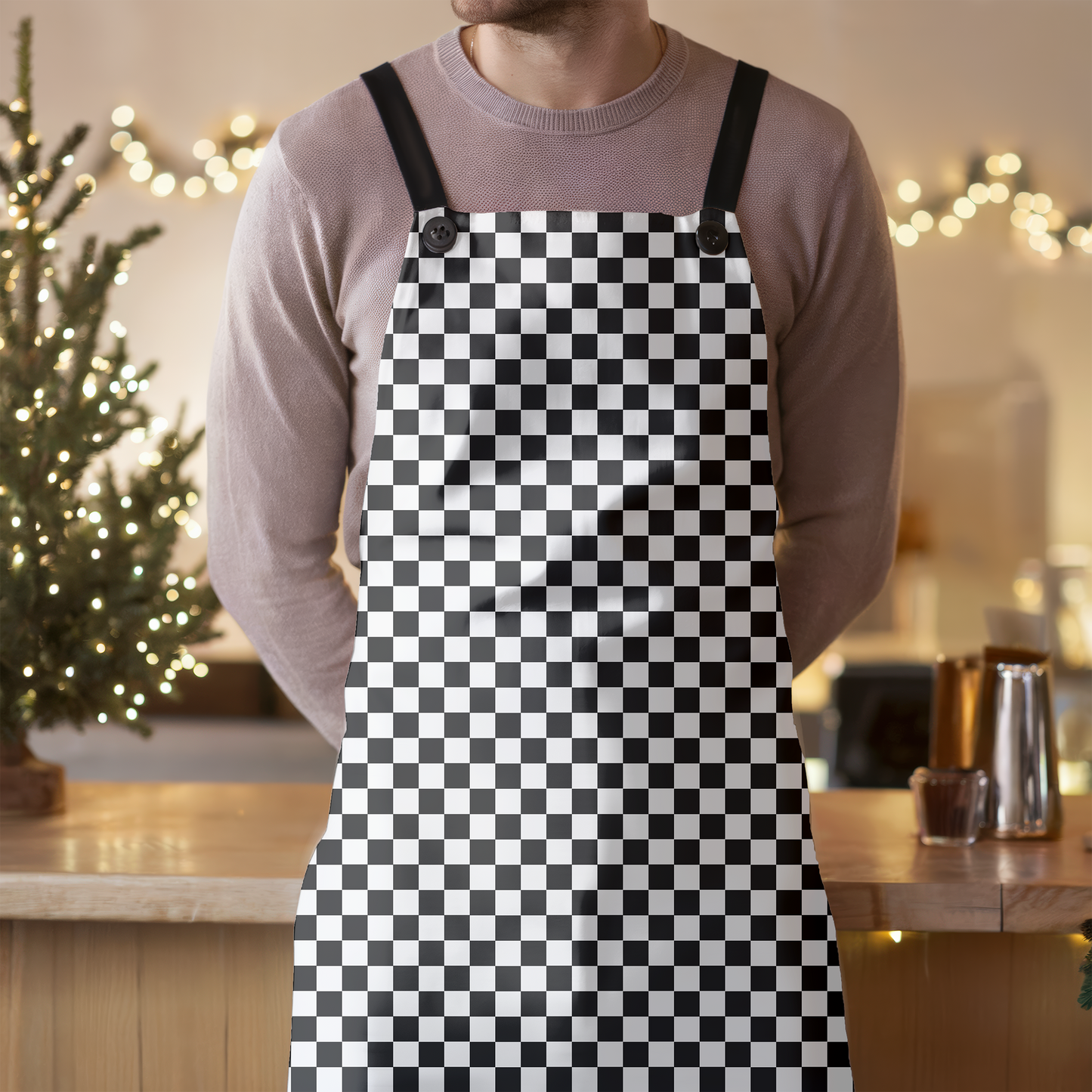 Black & White Check Holiday Apron | Lightweight 100% Polyester Twill, Detachable Black Twill Straps