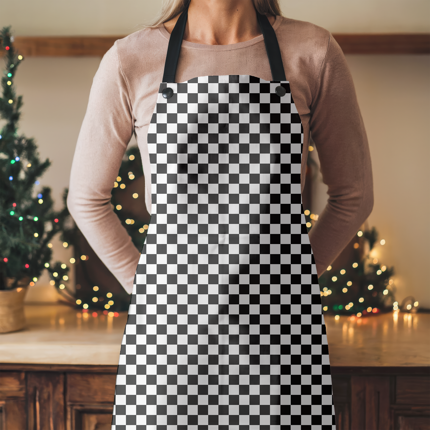 Black & White Check Holiday Apron | Lightweight 100% Polyester Twill, Detachable Black Twill Straps