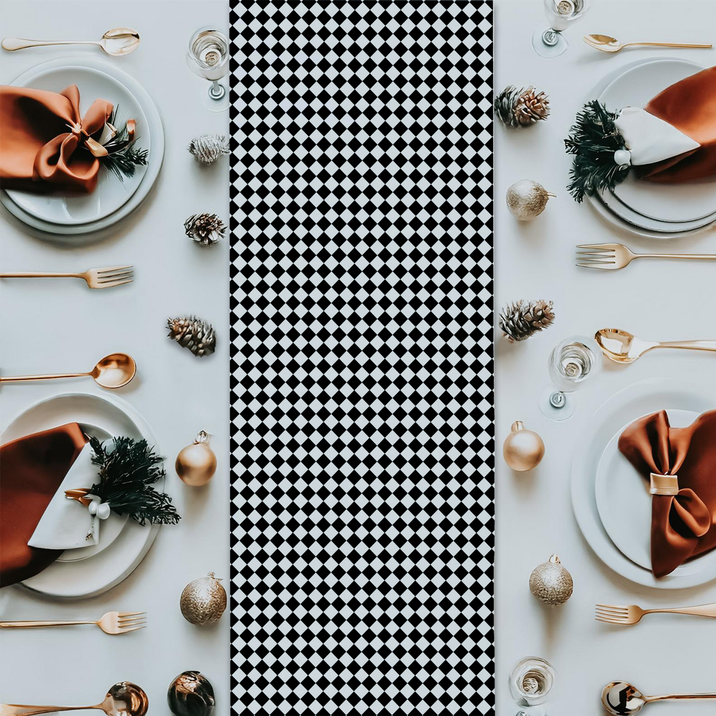 Black & White Argyle Christmas Table Runner | Classic Holiday Farmhouse Dining Room Decor, Modern Checkered Diamond Tabletop Accent