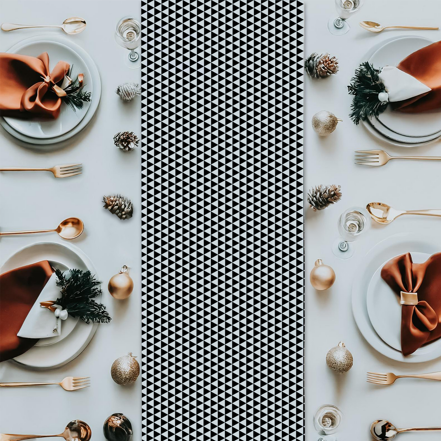 Black Triangle Christmas Table Runner | Modern Holiday Farmhouse Dining Room Decor, Bold Geometric Festive Table Accent