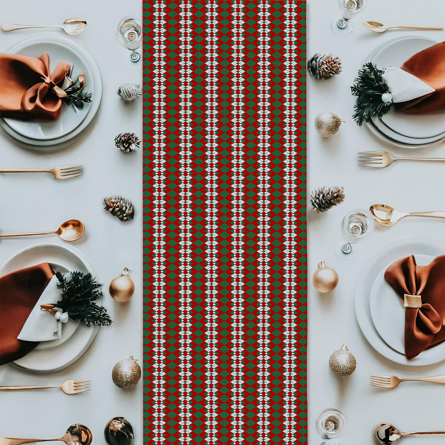 Extra Red Green & White Argyle Christmas Table Runner | Bold Holiday Dining Décor, Festive Farmhouse Diamond Check