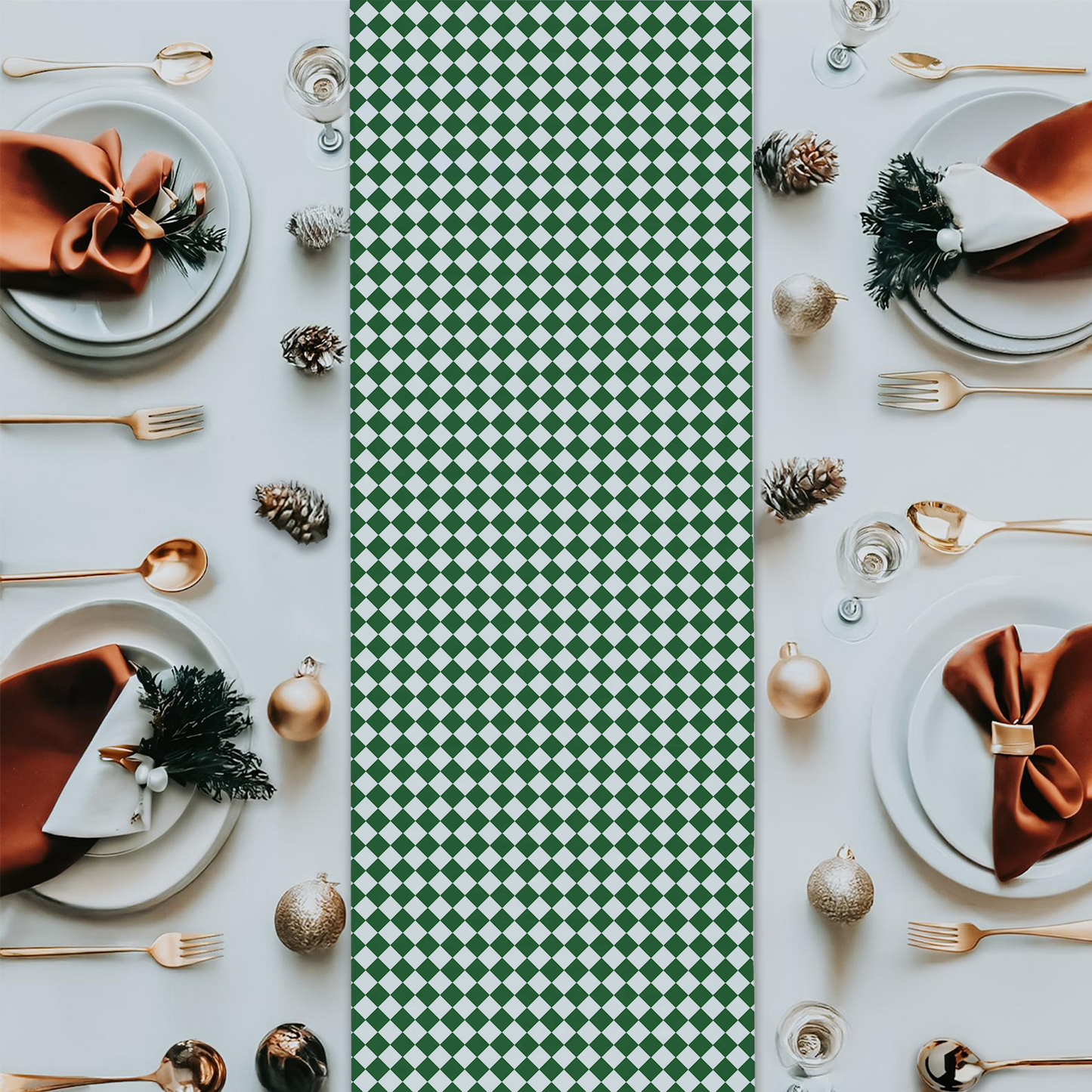 Green & White Argyle Christmas Table Runner | Classic Holiday Farmhouse Dining Room Decor, Festive Diamond Check Table Accent