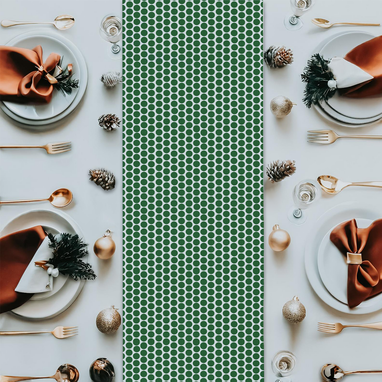 Green Polka Dot Christmas Table Runner | Festive Holiday Farmhouse Dining Décor, Playful Spot Pattern Accent