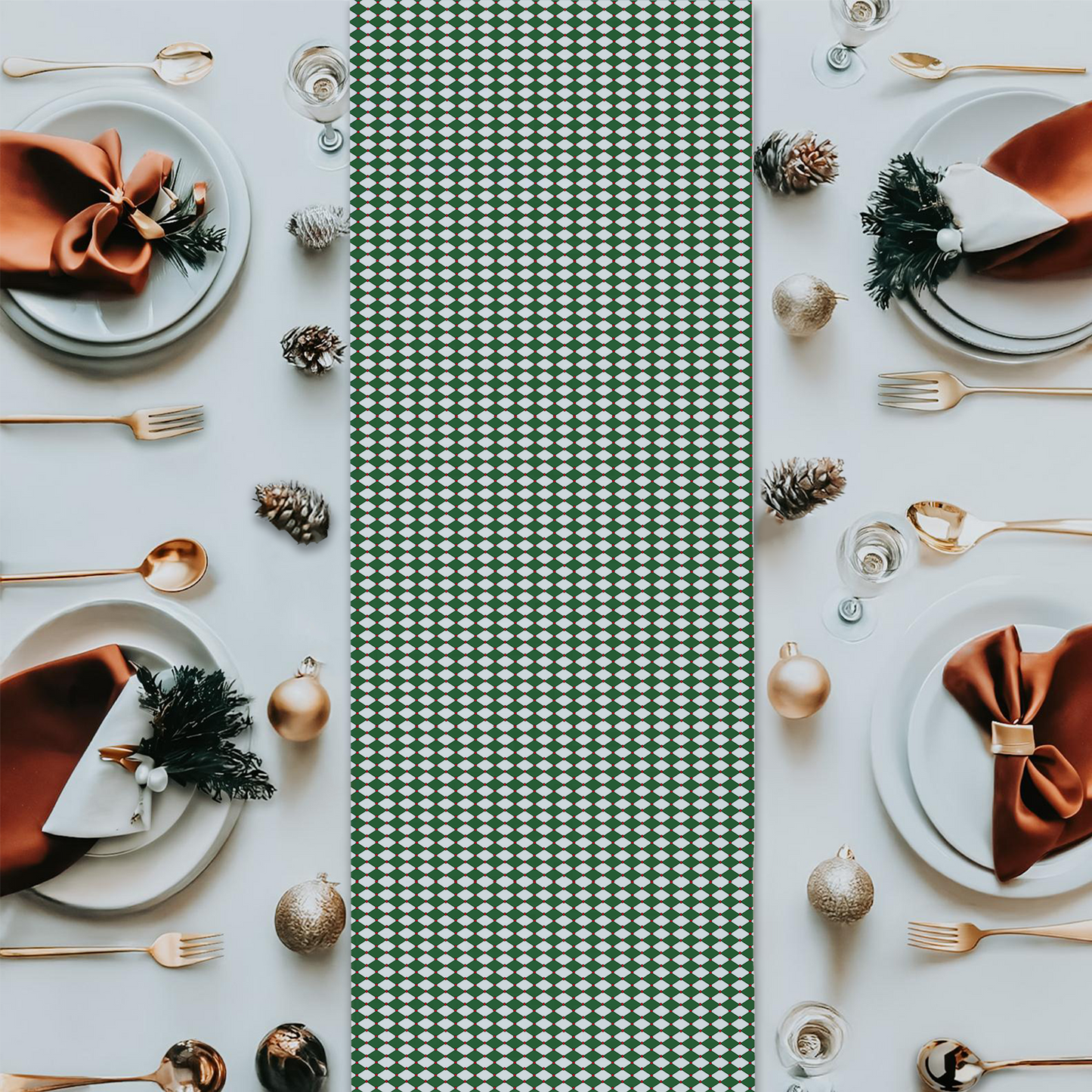 Nutcracker Drummer Green Argyle Christmas Table Runner | Festive Holiday Dining Décor, Classic Green Diamond Check