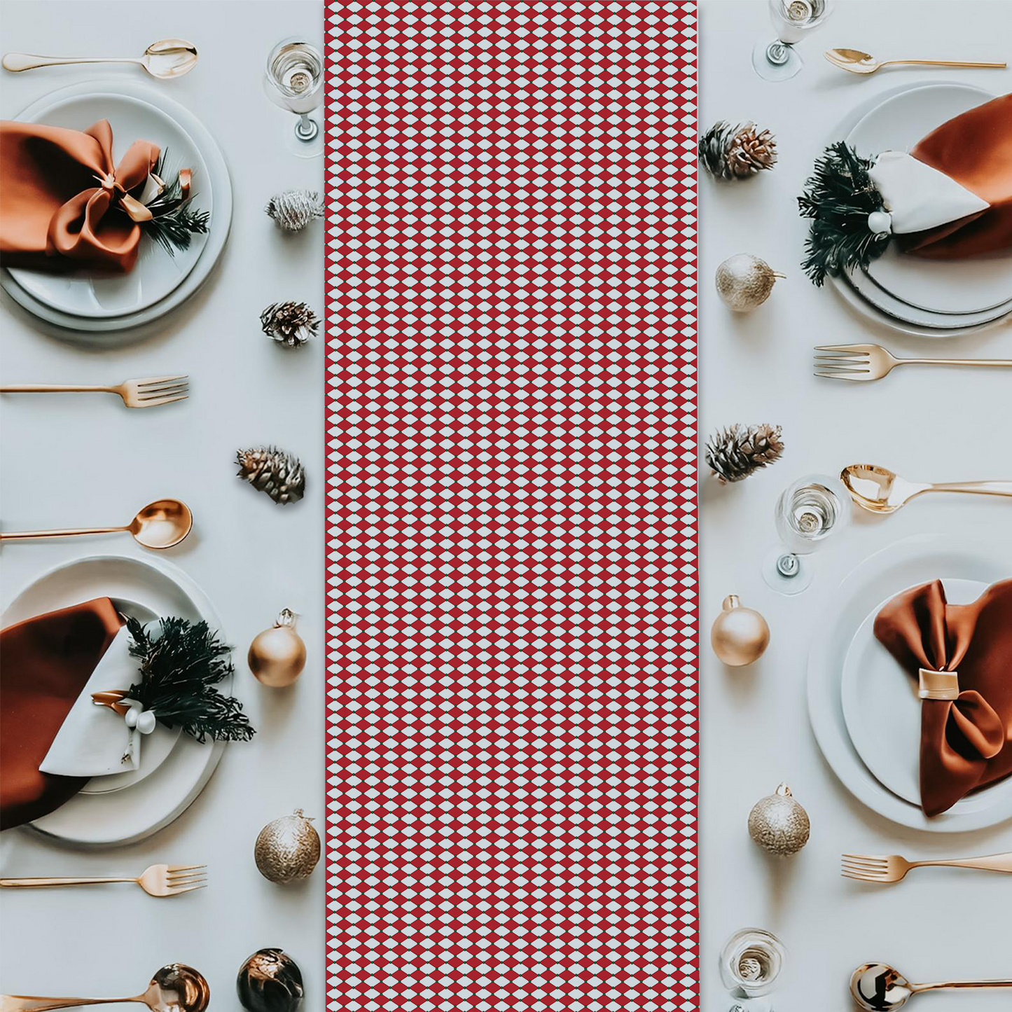 Nutcracker Drummer Red Argyle Christmas Table Runner | Festive Holiday Dining Décor, Classic Red Diamond Check