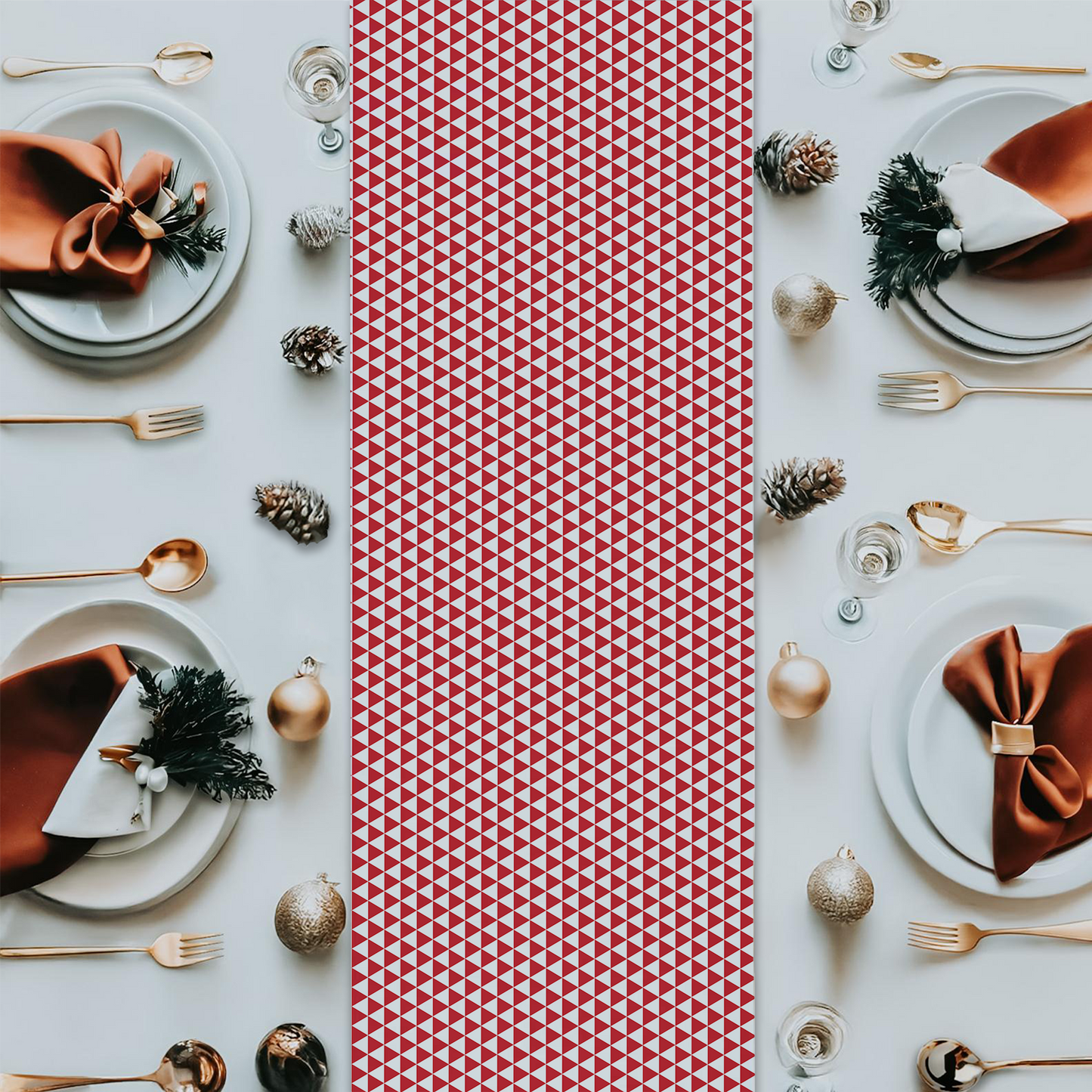 Red Triangle Christmas Table Runner | Bold Holiday Farmhouse Dining Room Décor, Festive Geometric Checkered Table Accent
