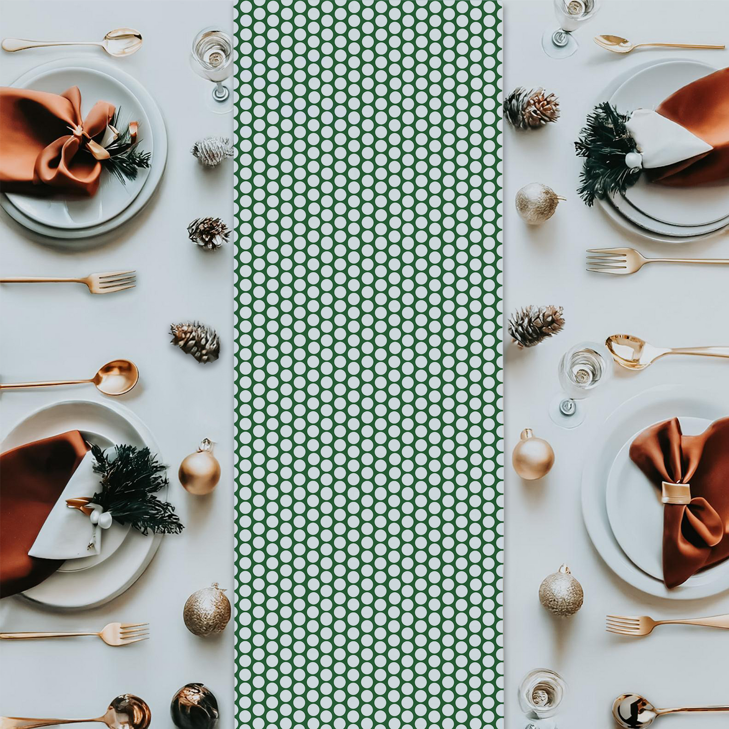 White Polka Dot on Green Christmas Table Runner | Festive Holiday Dining Décor, Rustic Farmhouse Spot Accent