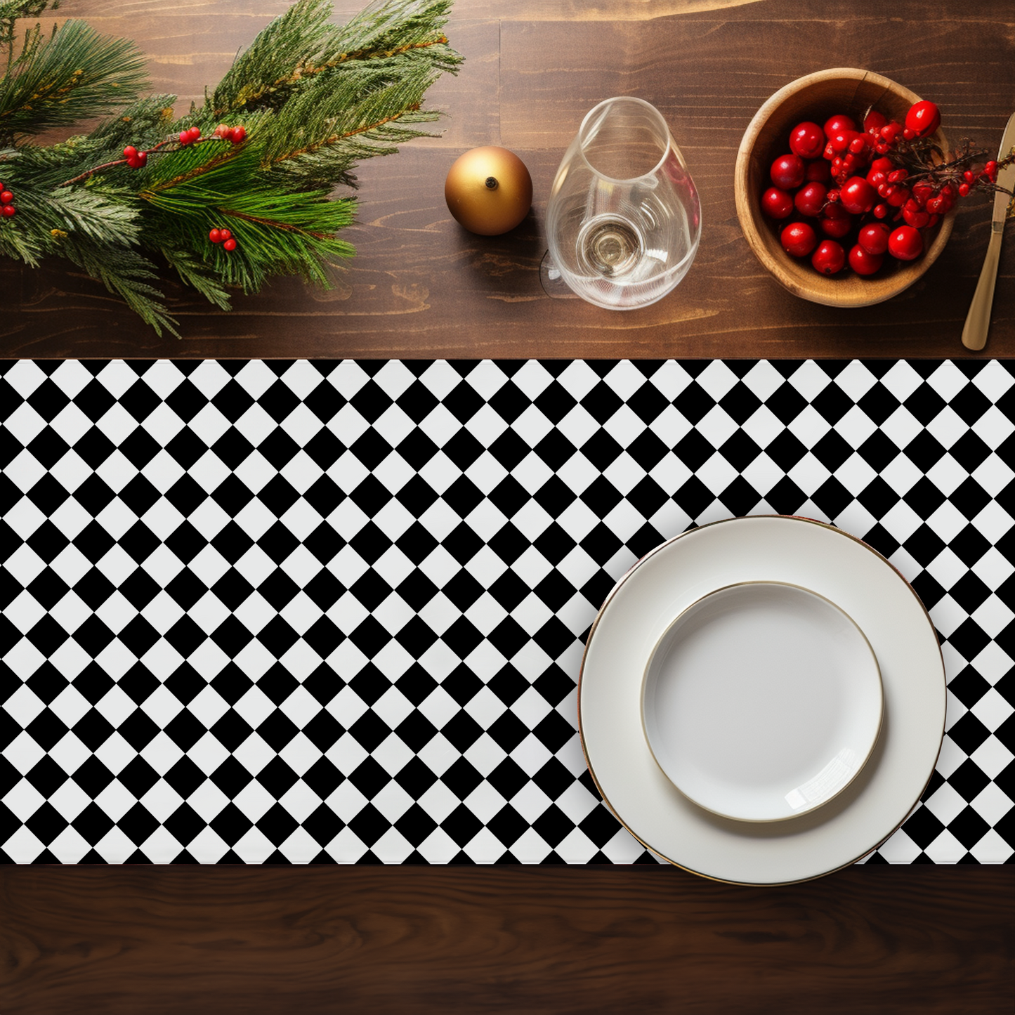 Black & White Argyle Christmas Table Runner | Classic Holiday Farmhouse Dining Room Decor, Modern Checkered Diamond Tabletop Accent