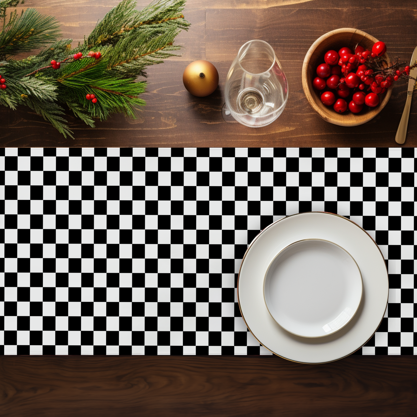 Black & White Check Christmas Table Runner | Classic Holiday Dining Room Décor, Farmhouse Bold Plaid Accent