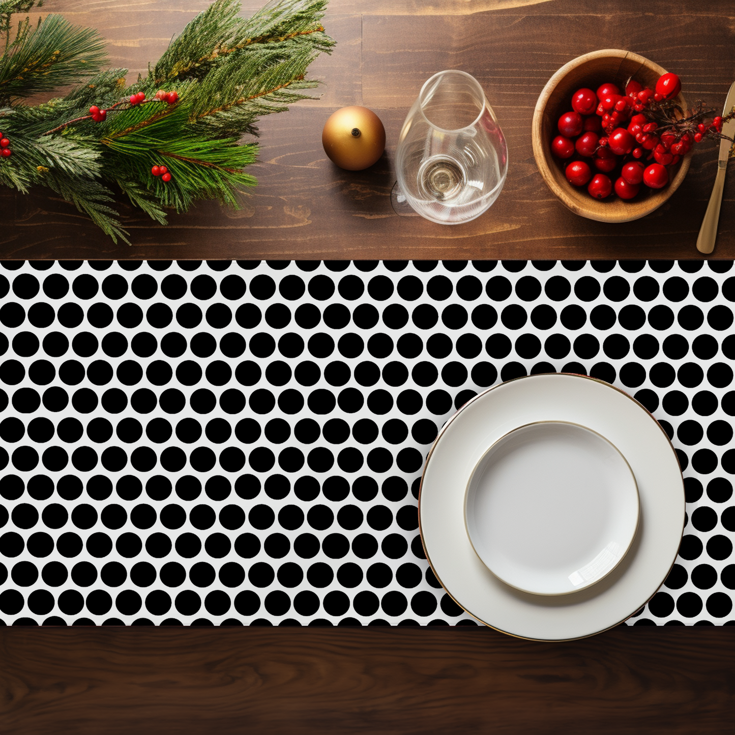 Black Polka Dot Christmas Table Runner – Modern Holiday Farmhouse Dining Room Décor, Festive Bold Spot Pattern