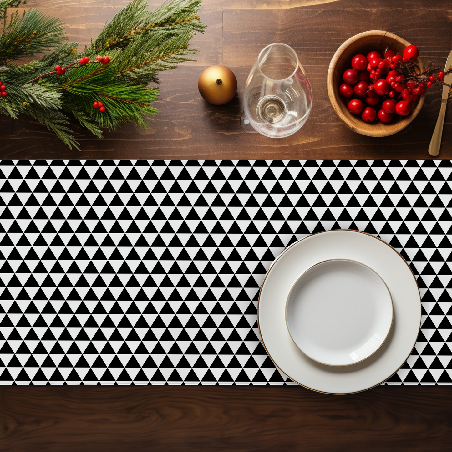 Black Triangle Christmas Table Runner | Modern Holiday Farmhouse Dining Room Decor, Bold Geometric Festive Table Accent