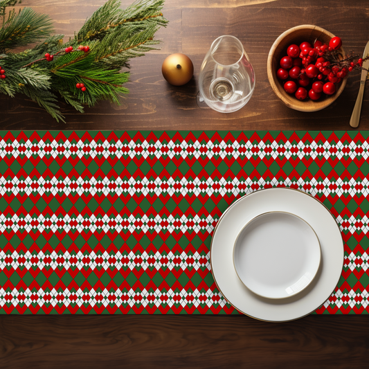Extra Red Green & White Argyle Christmas Table Runner | Bold Holiday Dining Décor, Festive Farmhouse Diamond Check